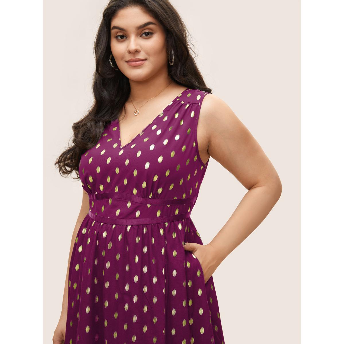 Plus Size Glitter Polka Dot Pocket Patchwork Tank Dress RedViolet Women Cocktail Non V-neck Sleeveless Curvy Midi Dress BloomChic 12/L Product Image