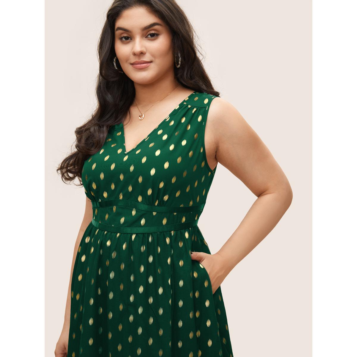 Plus Size Glitter Polka Dot Pocket Patchwork Tank Dress Emerald Women Cocktail Non V-neck Sleeveless Curvy Midi Dress BloomChic 10/M Product Image