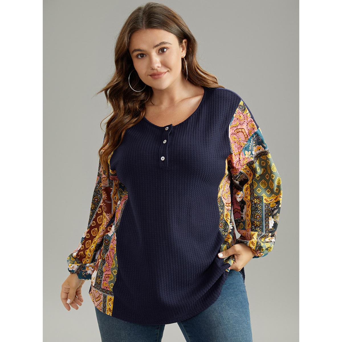 Plus Size Boho Print Button Up Patchwork Lantern Sleeve Sweatshirt DarkBlue Women Casual Elastic cuffs Bohemian Print Open Front Dailywear T-shirts BloomChic 28/5X Product Image