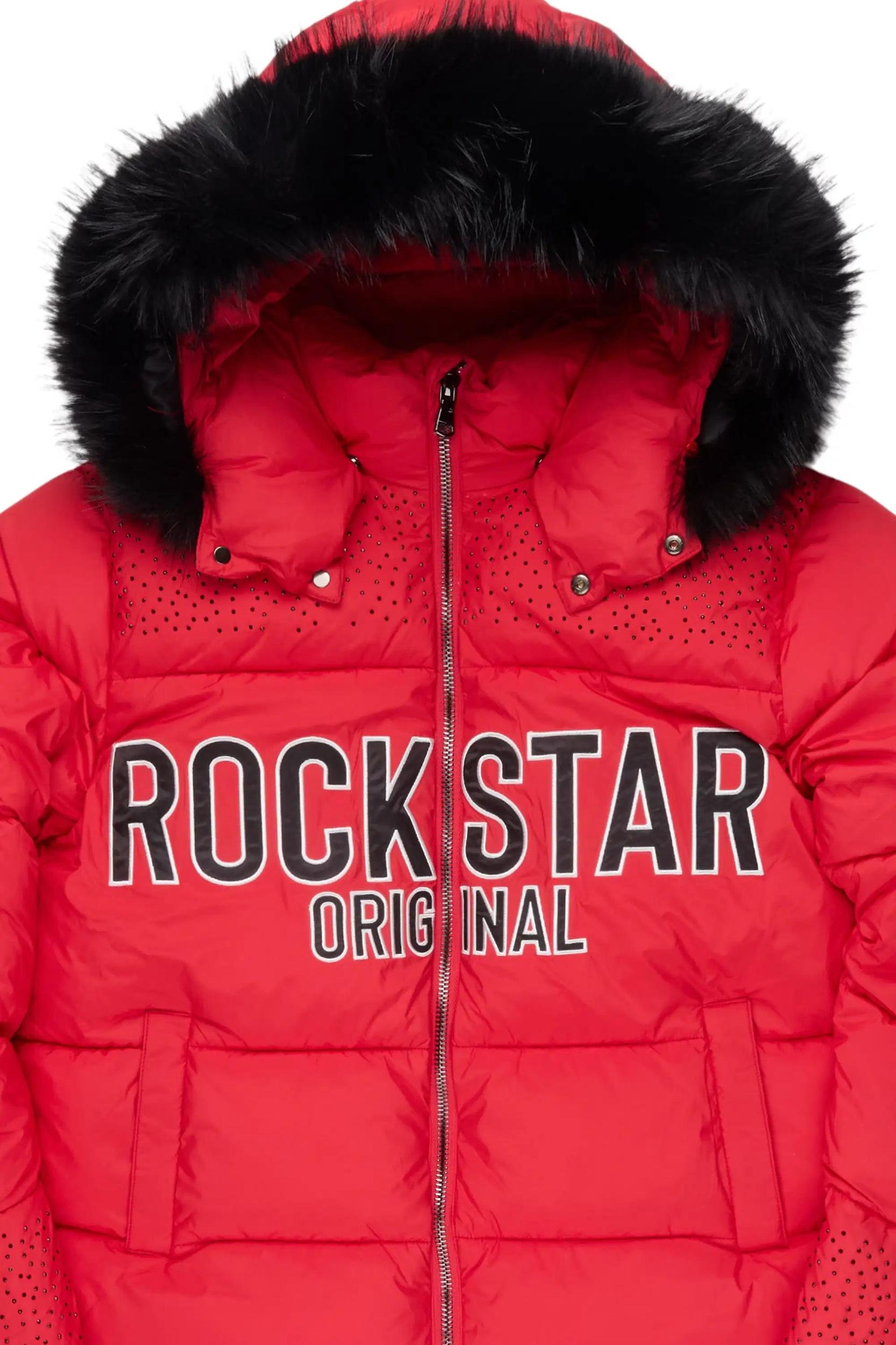 Natia Red Oversized Rhinestone Puffer Jacket Female Product Image
