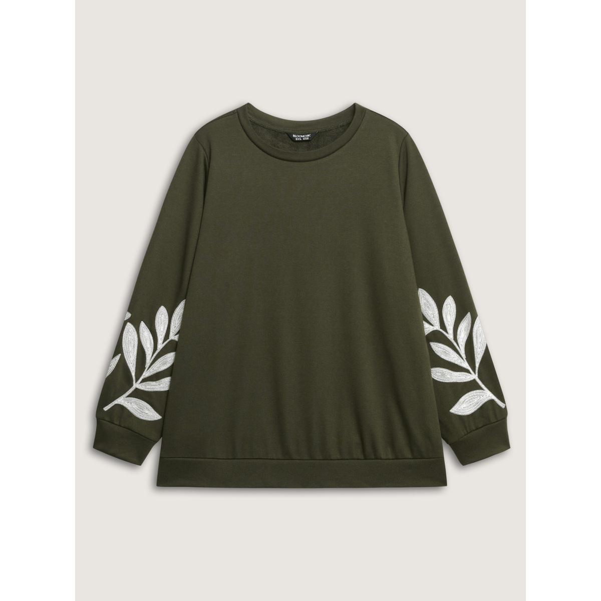 Plus Size Leaf Embroidered Sleeve Round Neck Sweatshirt Women ArmyGreen Leisure Embroidered Round Neck Casual Sweatshirts BloomChic 26/4X Product Image