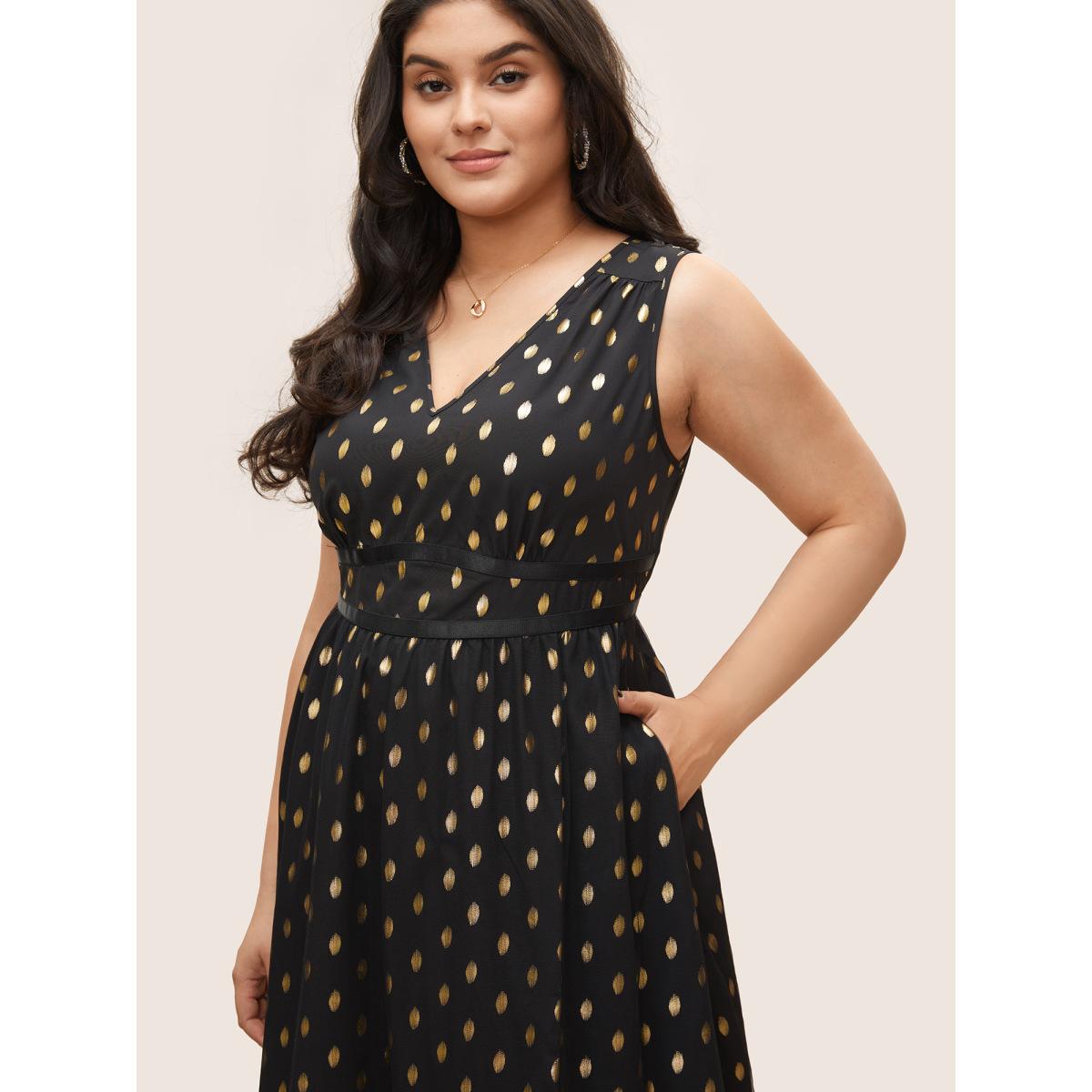 Plus Size Glitter Polka Dot Pocket Patchwork Tank Dress Black Women Cocktail Non V-neck Sleeveless Curvy Midi Dress BloomChic 12/L Product Image