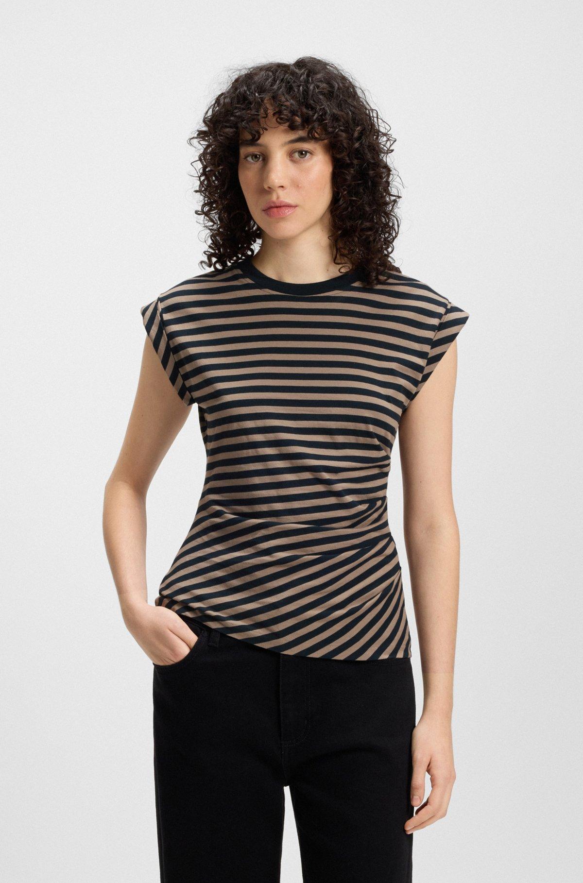 BOSS - Striped top in cotton jersey with gathered waist - Patterned Product Image