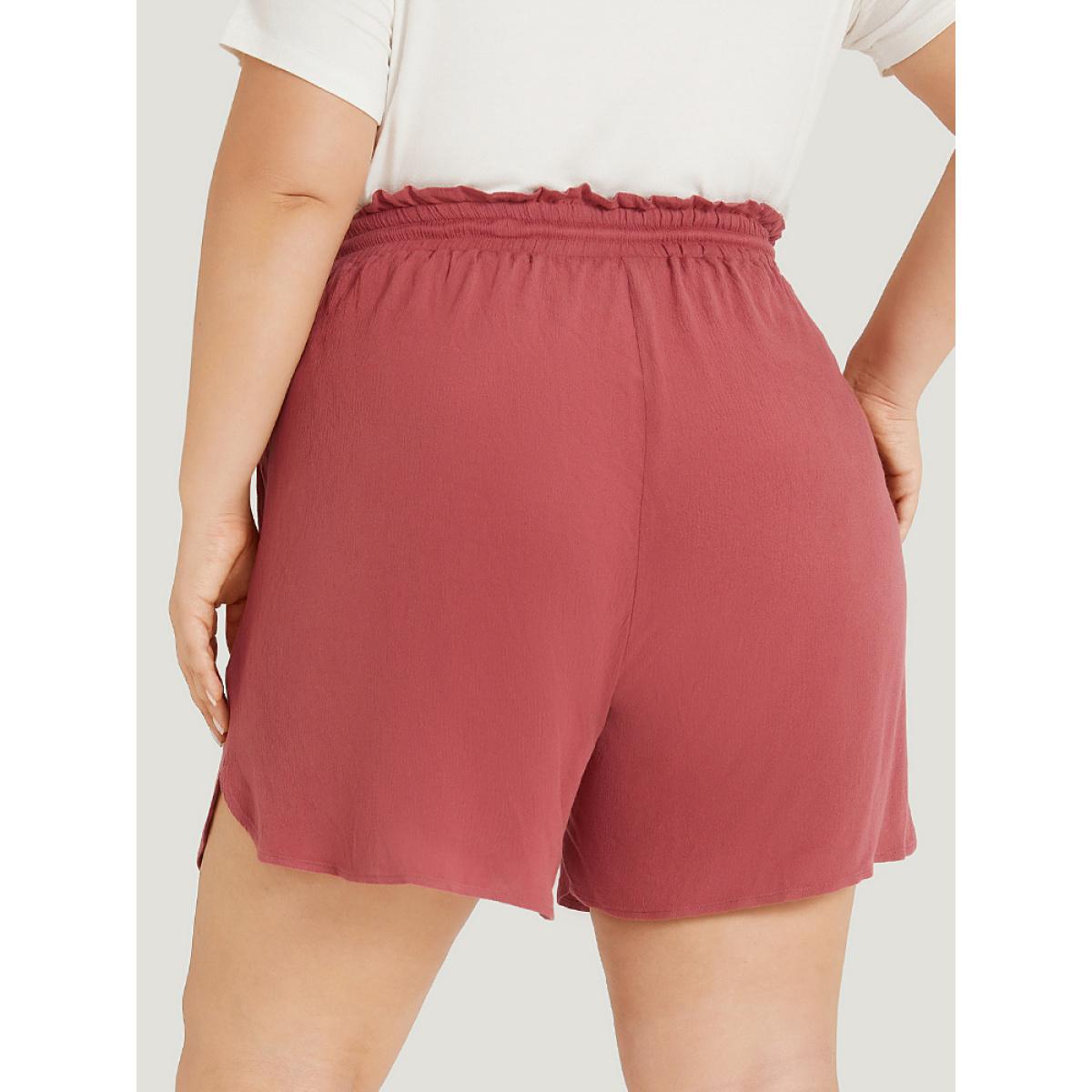 Plus Size Plain Textured Pocket Paperbag Waist Drawstring Split Side Shorts Women Russet Elegant Plain Dailywear Shorts BloomChic 22-24/3X Product Image