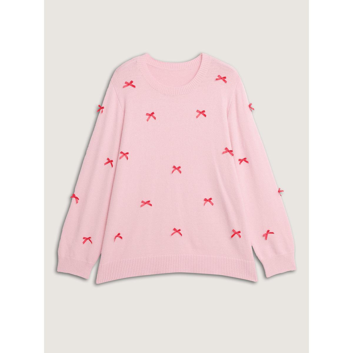 Plus Size Bowknot Detail Ribbed Hem Pullover Lightpink Women Playful Loose Short sleeve Round Neck Casual Pullovers BloomChic 14-16/1X Product Image