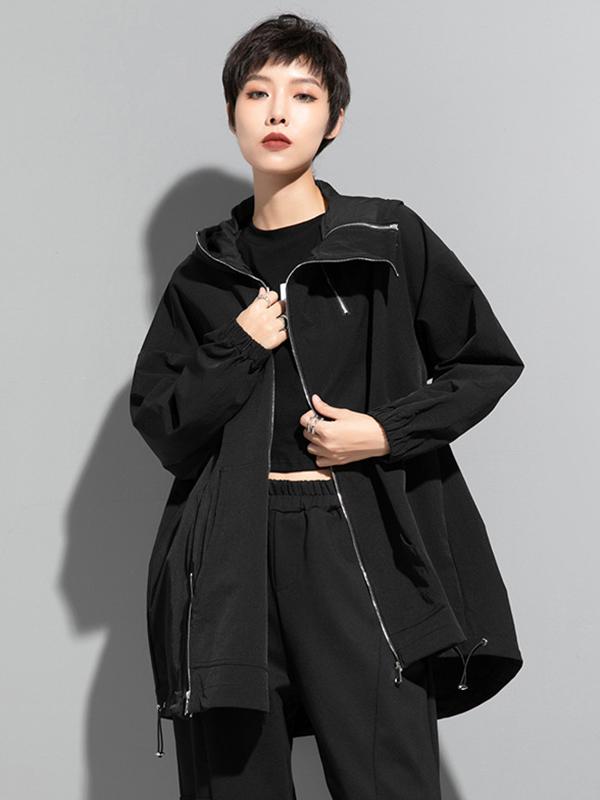 Fashion Irregularity Loose Solid Color Zipper Hooded Outerwear Product Image