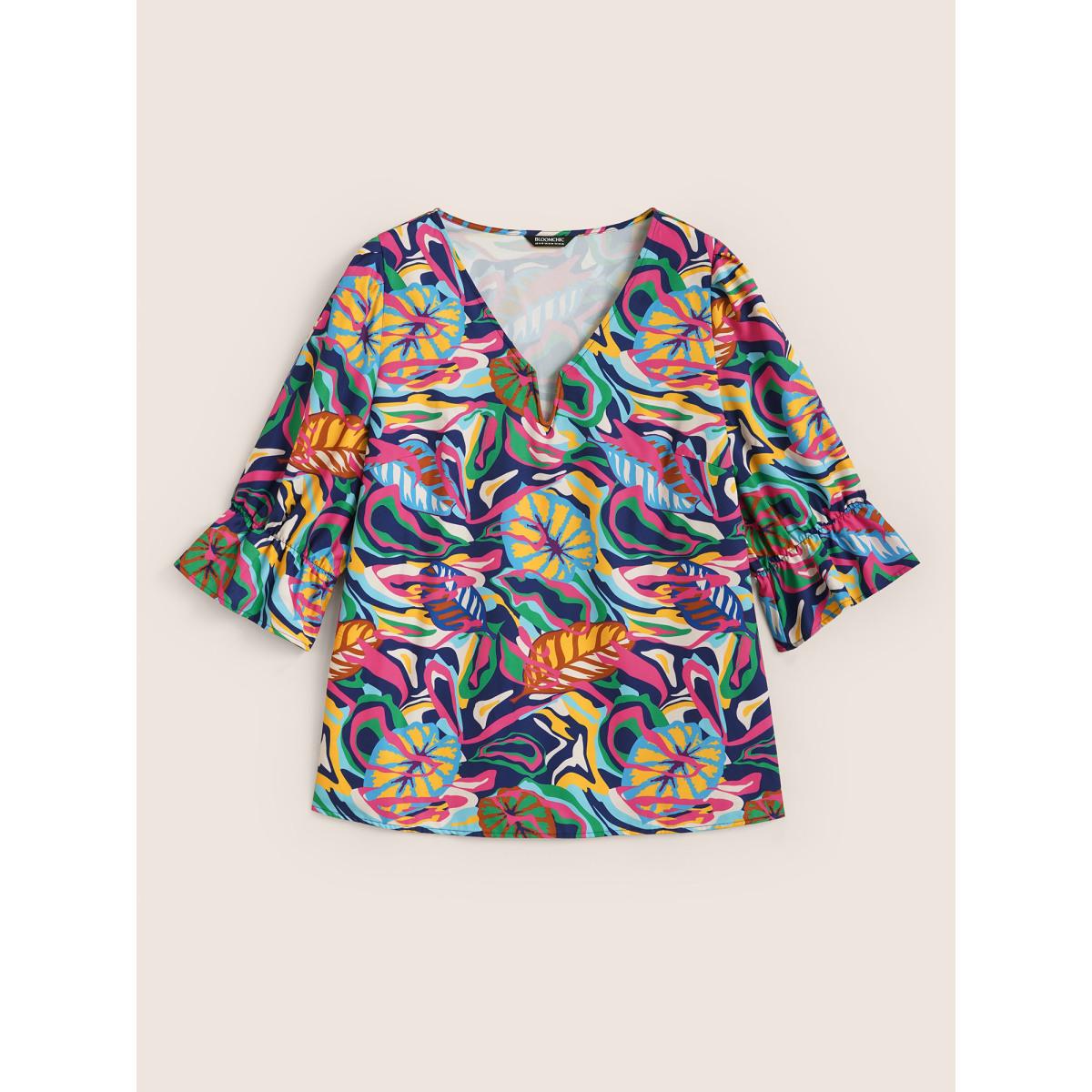 Plus Size Multicolor Tropical Print Notched Lantern Sleeve Blouse Women Elegant Elbow-length sleeve Notched collar Everyday Blouses BloomChic 12/L Product Image