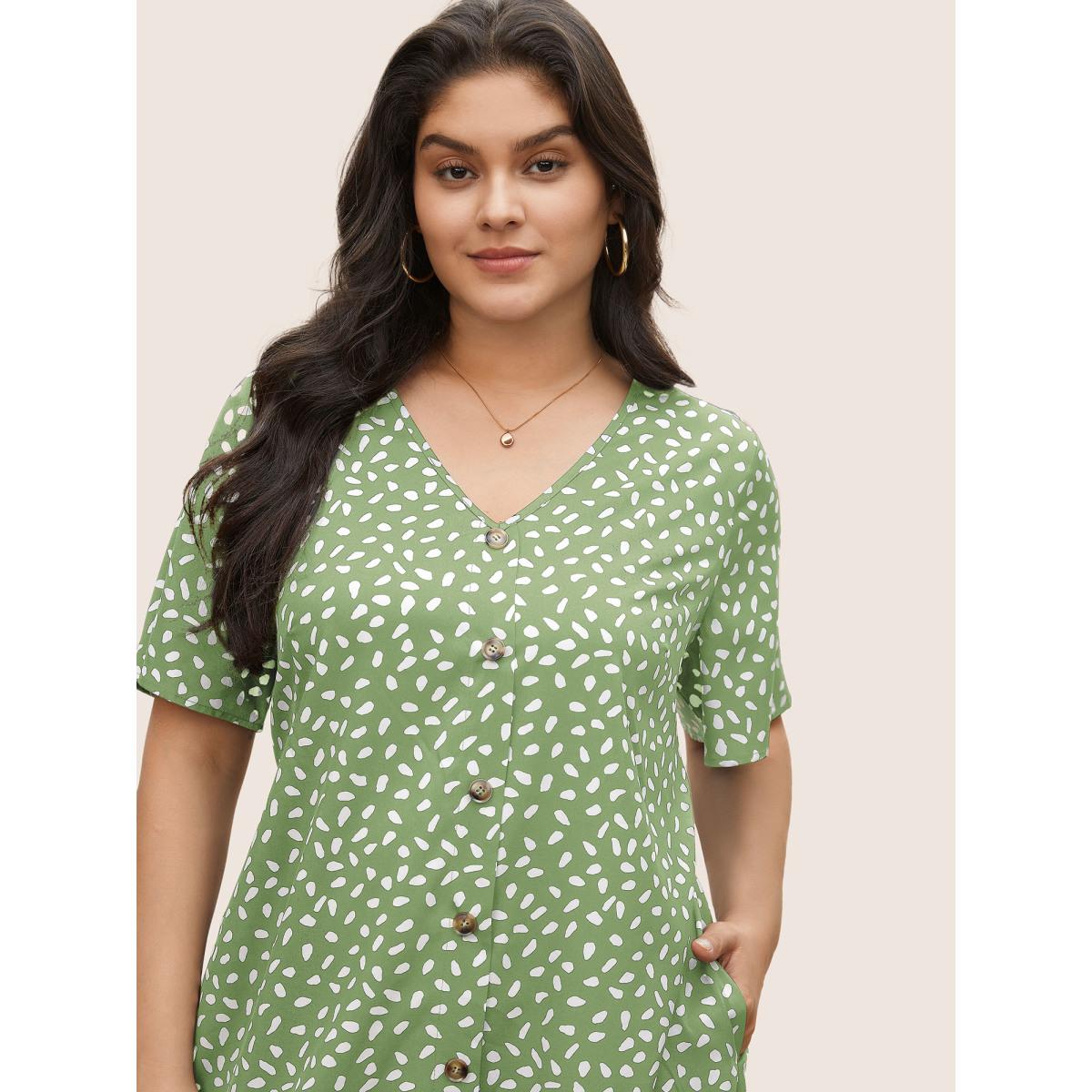 Plus Size Polka Dot Button Detail Flutter Layered Hem Dress Mint Women Casual Non V-neck Short sleeve Curvy Midi Dress BloomChic 14-16/1X Product Image