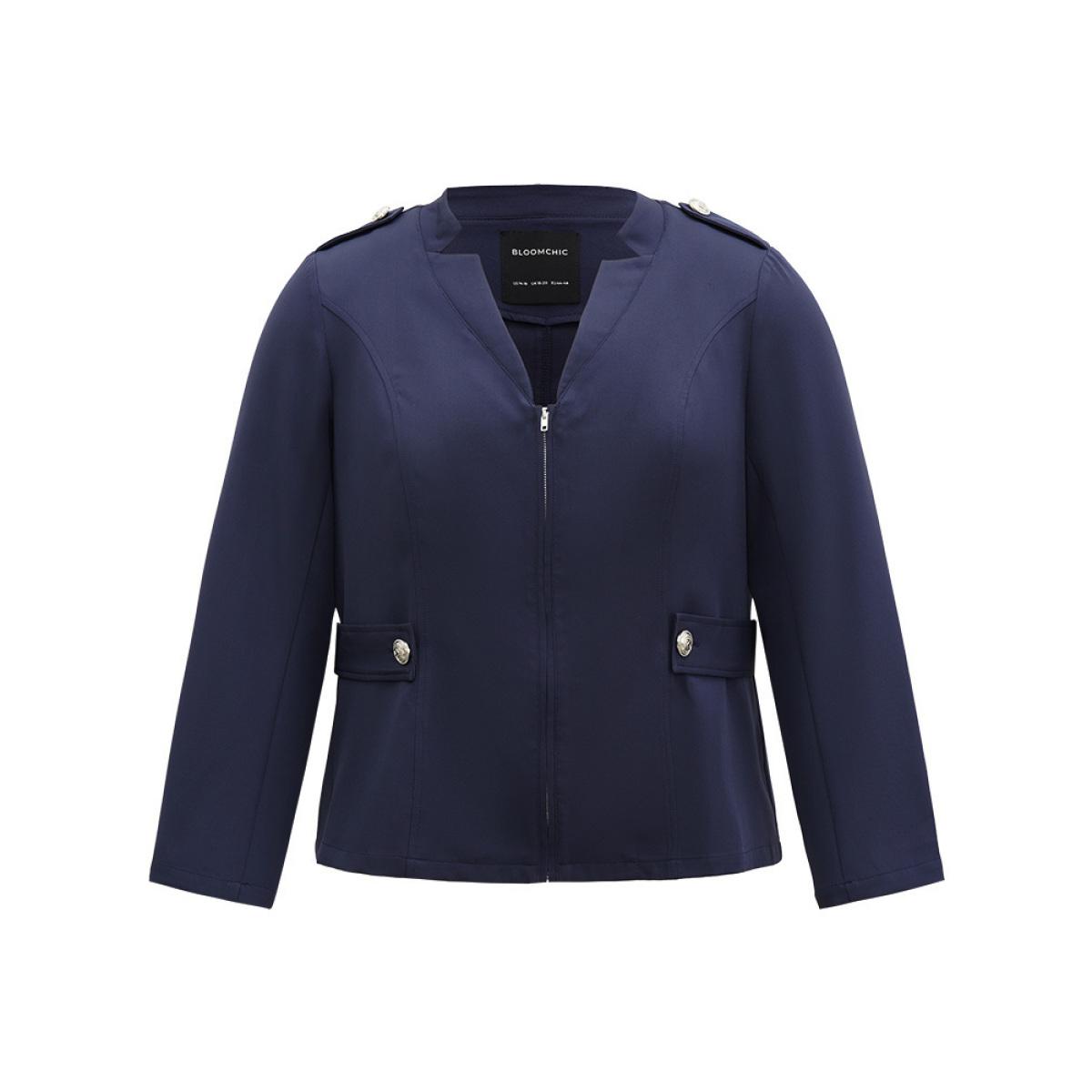 Plus Size Plain Button Detail Notched Zipper Blazer Indigo Women Office Plain Plain Sleeve Long Sleeve Notched collar 22-24/3X At the Office Blazers BloomChic Product Image