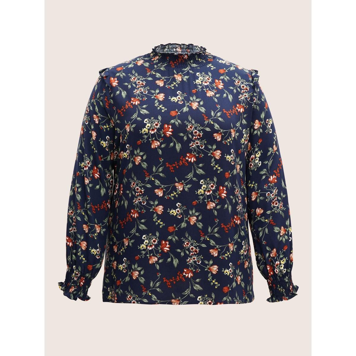 Plus Size DarkBlue Floral Lantern Sleeve Shirred Mock Neck Blouse Women Elegant Long Sleeve Mock Neck Everyday Blouses BloomChic 22-24/3X Product Image