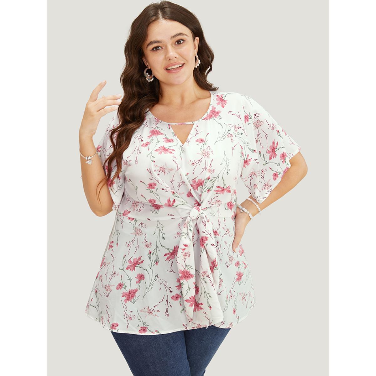 Plus Size Ivory Floral Ruffle Knyhole Raglan Sleeve Knotted Front Blouse Women Elegant Short sleeve Round Neck Dailywear Blouses BloomChic 10/M Product Image