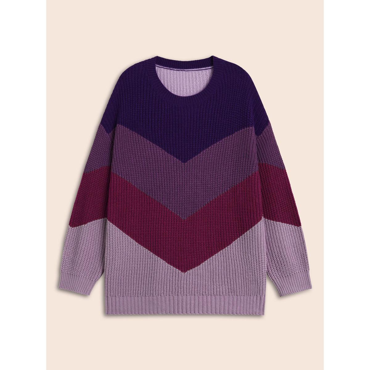 Plus Size Colorblock Contrast Drop Shoulder Sleeve Pullover Deeppurplered Women Casual Long Sleeve Round Neck Everyday Pullovers BloomChic 18-20/2X Product Image