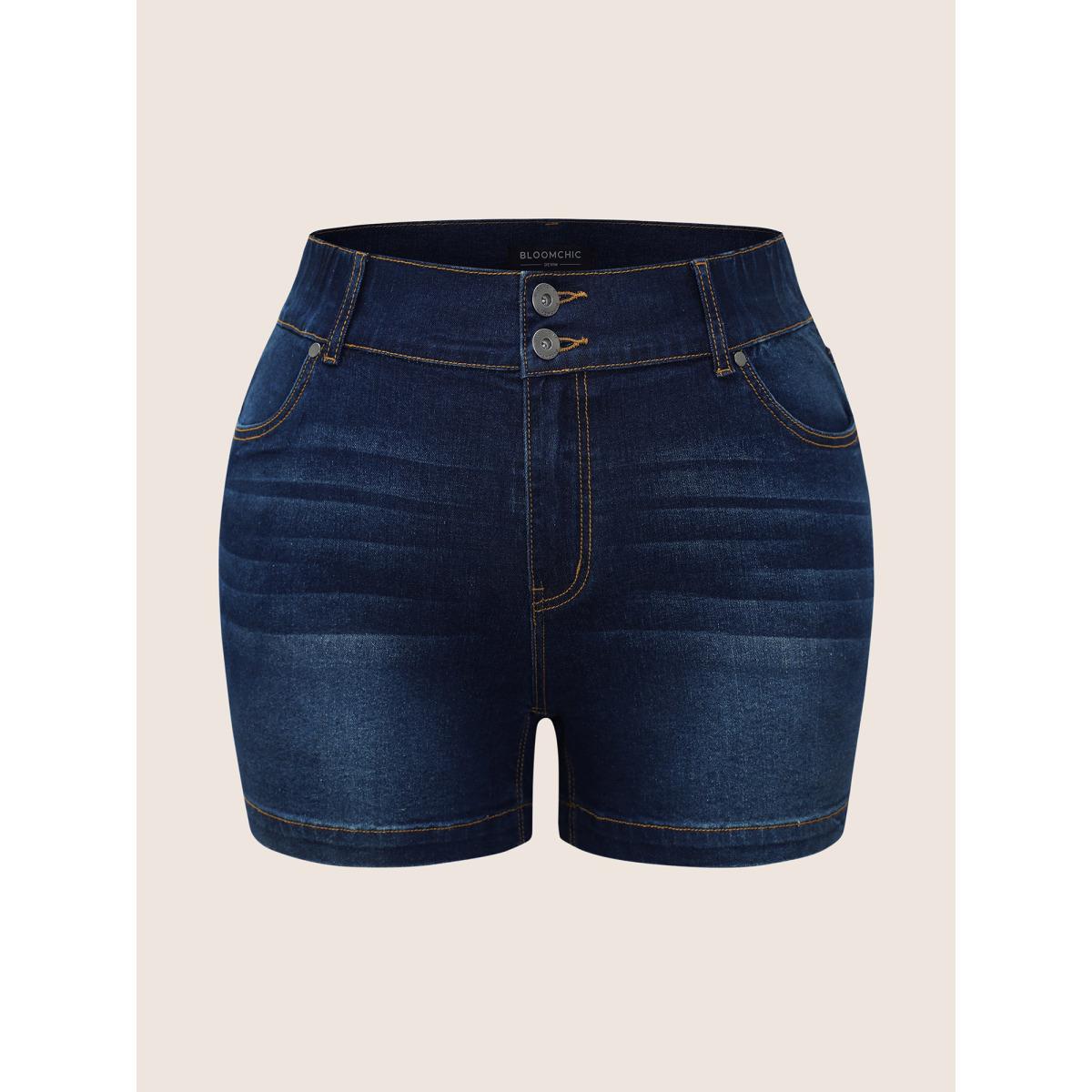 Plus Size Dark Wash Elastic Waist Skinny Denim Shorts Women Indigo Non High stretch Everyday Slanted pocket Casual Denim Shorts BloomChic 30/6X Product Image