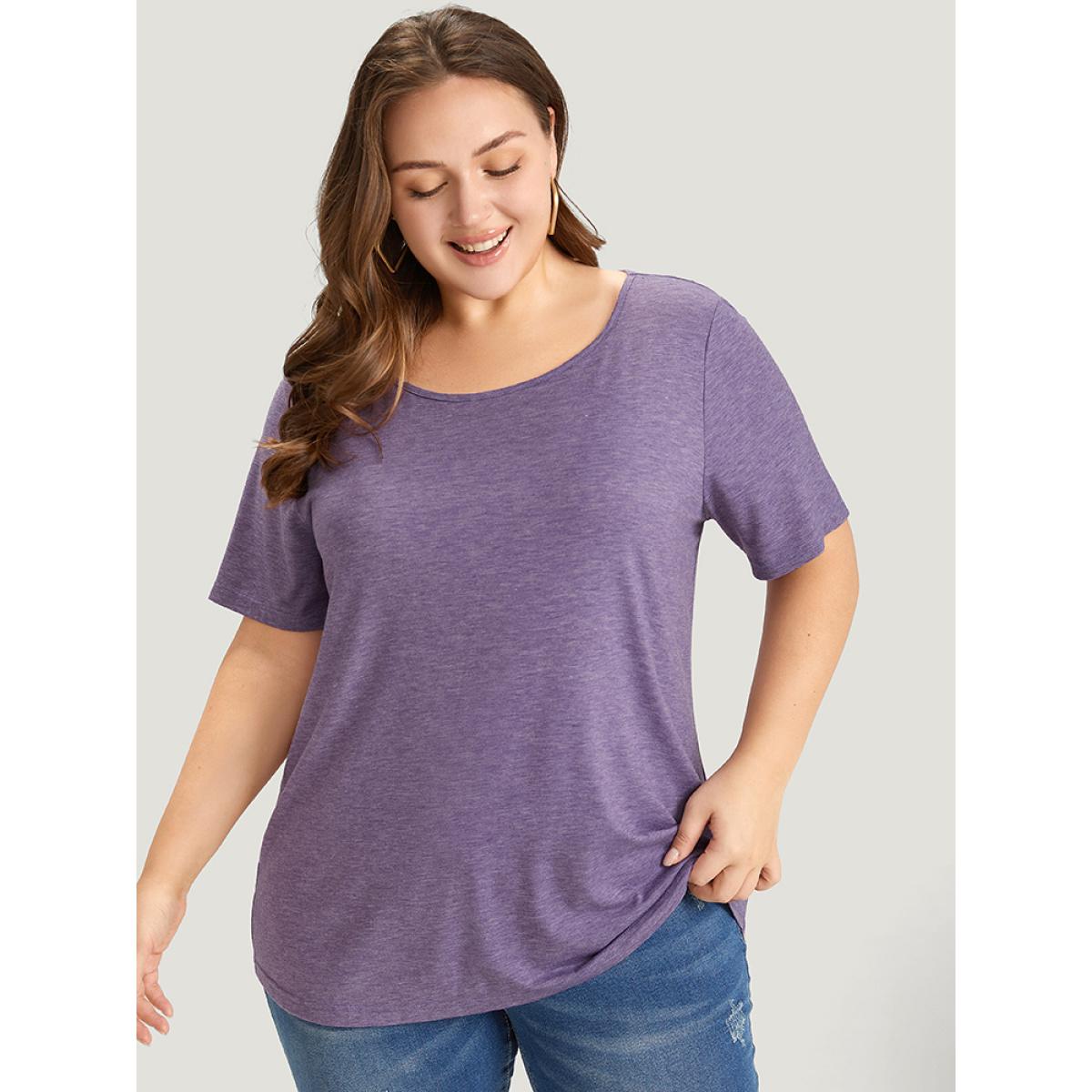 Plus Size Plain Contrast Lace Heather T-shirt Mauve Women Elegant Heather Plain Round Neck Dailywear T-shirts BloomChic 30/6X Product Image