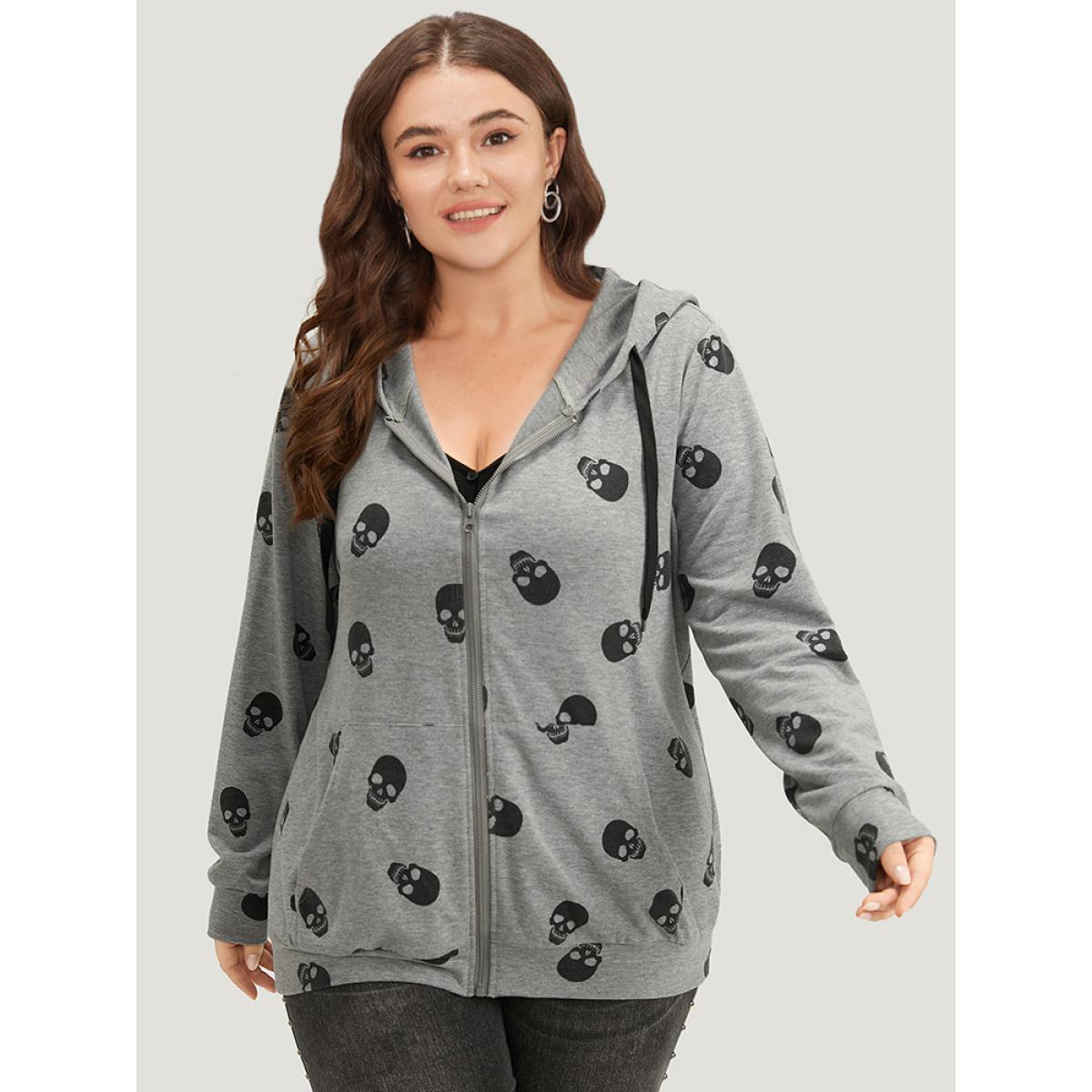 Plus Size Halloween Skull Print Pocket Zipper Hooded Sweatshirt Women Gray Casual Elastic cuffs Hooded Festival-Halloween Sweatshirts BloomChic 26/4X Product Image