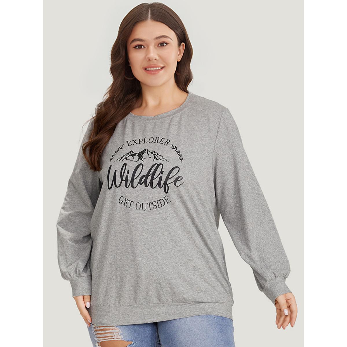 Plus Size Letter & Mountain Print Round Neck Sweatshirt Women LightGray Casual Printed Dailywear Sweatshirts BloomChic 12/L Product Image