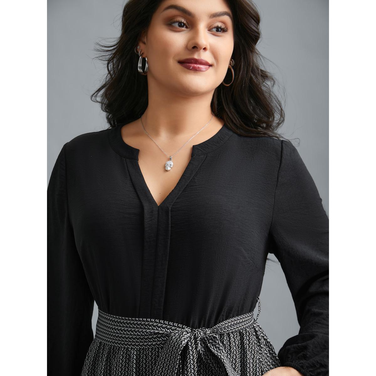 Plus Size Notched Collar Color Block Waist Tie Dress Black Women At the Office Belted Flat collar with V-notch Long Sleeve Curvy BloomChic 12/L Product Image
