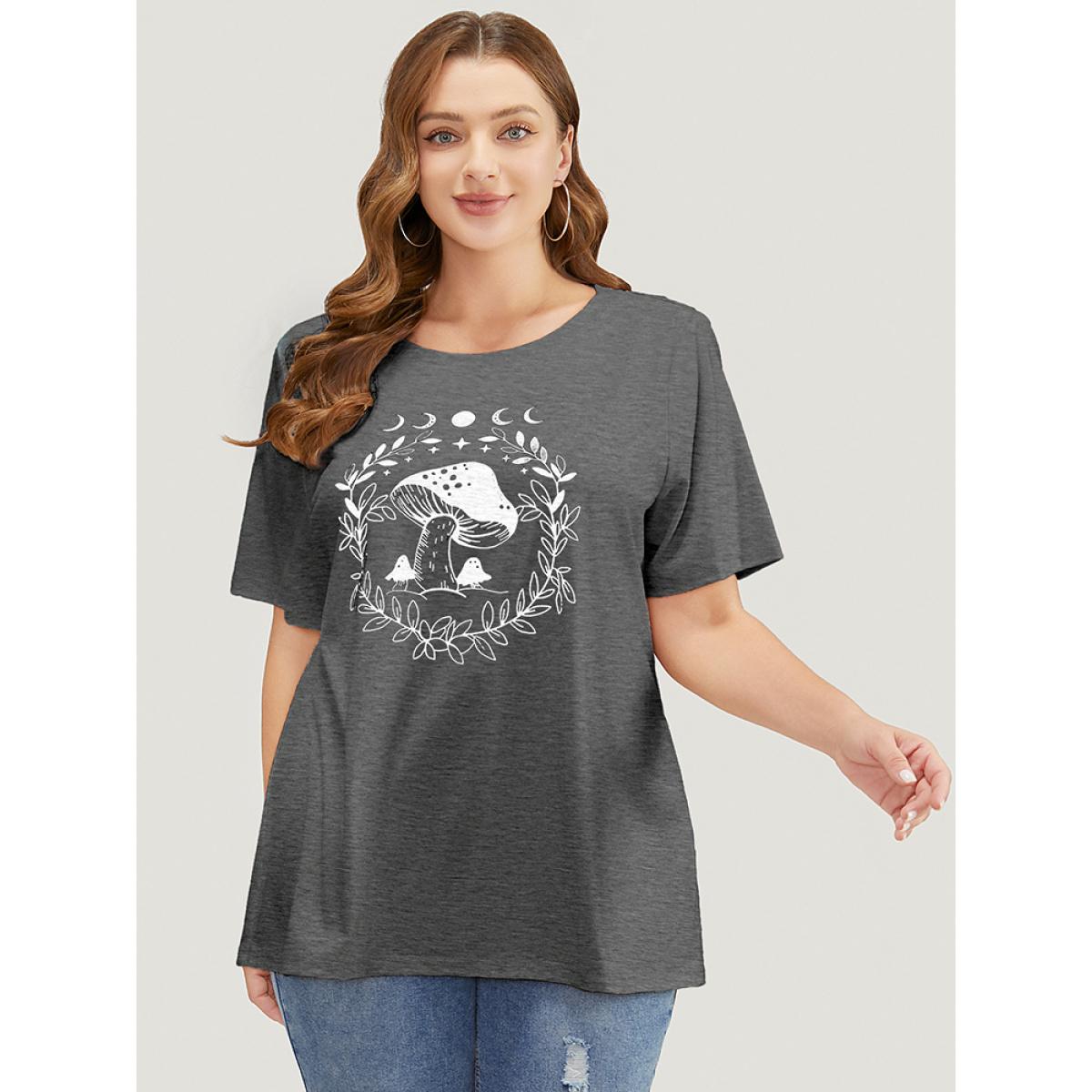 Plus Size Mushroom & Moon Print Short Sleeve Crew Neck T-shirt DimGray Women Casual Natural Flowers Dailywear T-shirts BloomChic 18-20/2X Product Image
