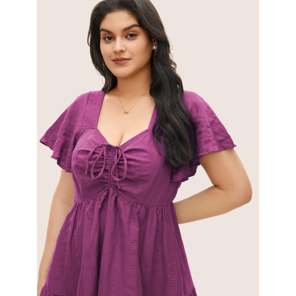 Plus Size Plain Ruched Drawstring Pocket Ruffle Tiered Dress RedViolet Women Elegant Non V-neck Short sleeve Curvy Midi Dress BloomChic 18-20/2X Product Image