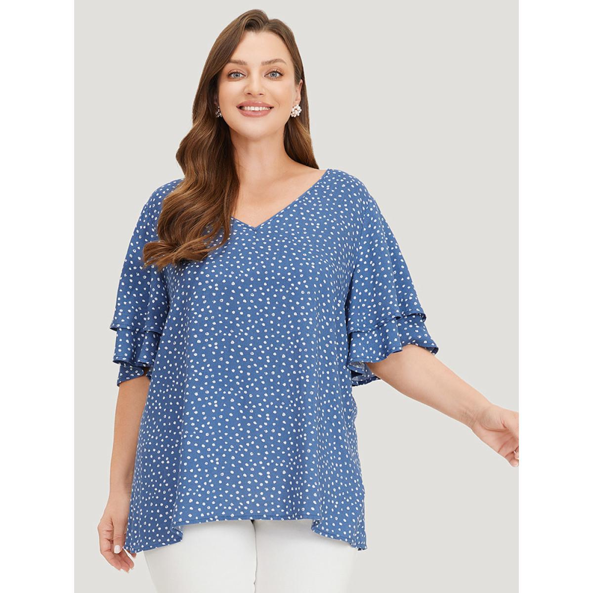 Plus Size Cerulean Polka Dot Flutter Sleeve Layered Blouse Women Elegant Half Sleeve V-neck Dailywear Blouses BloomChic 26/4X Product Image