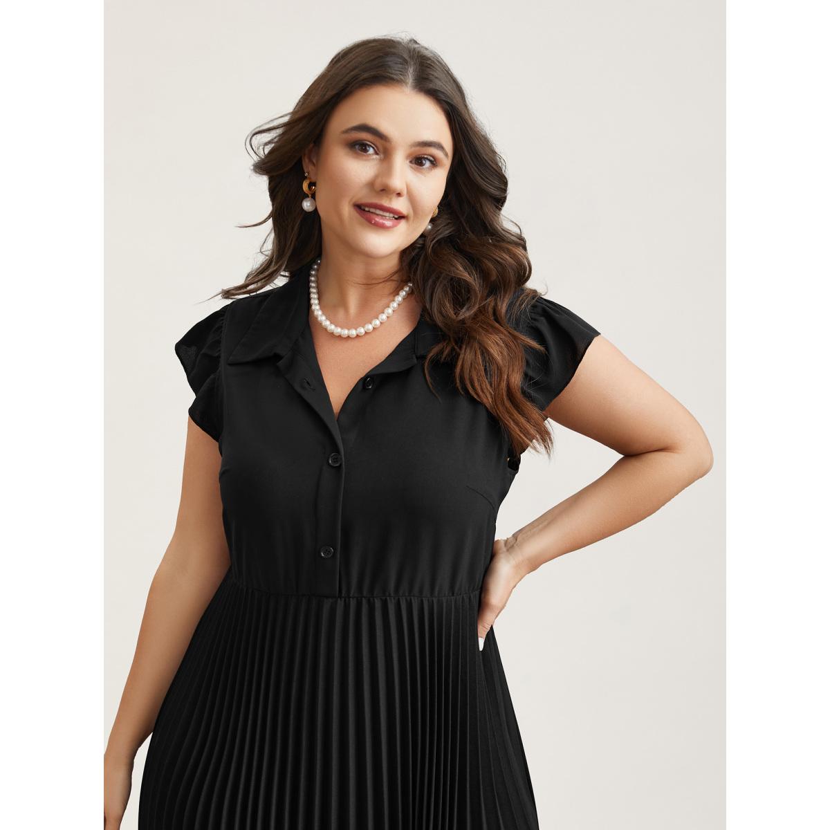 Plus Size Pleated Shirt Collar Solid Midi Dress Black Women Office Pleated Shirt collar Cap Sleeve Curvy BloomChic 26/4X Product Image