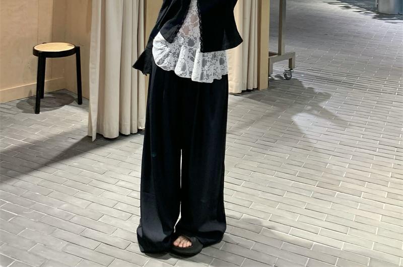 Halter V-Neck See-Through Lace Top / Plain Perforated One-Buttoned Cardigan / High Waist Wide Leg Pants Product Image