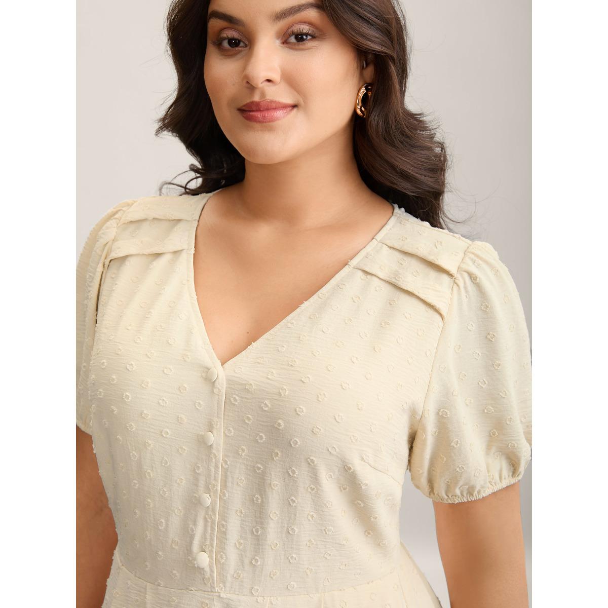 Plus Size Shoulder Pleats Textured Button Maxi Dress Apricot Women V-neck Short sleeve Curvy BloomChic 14-16/1X Product Image