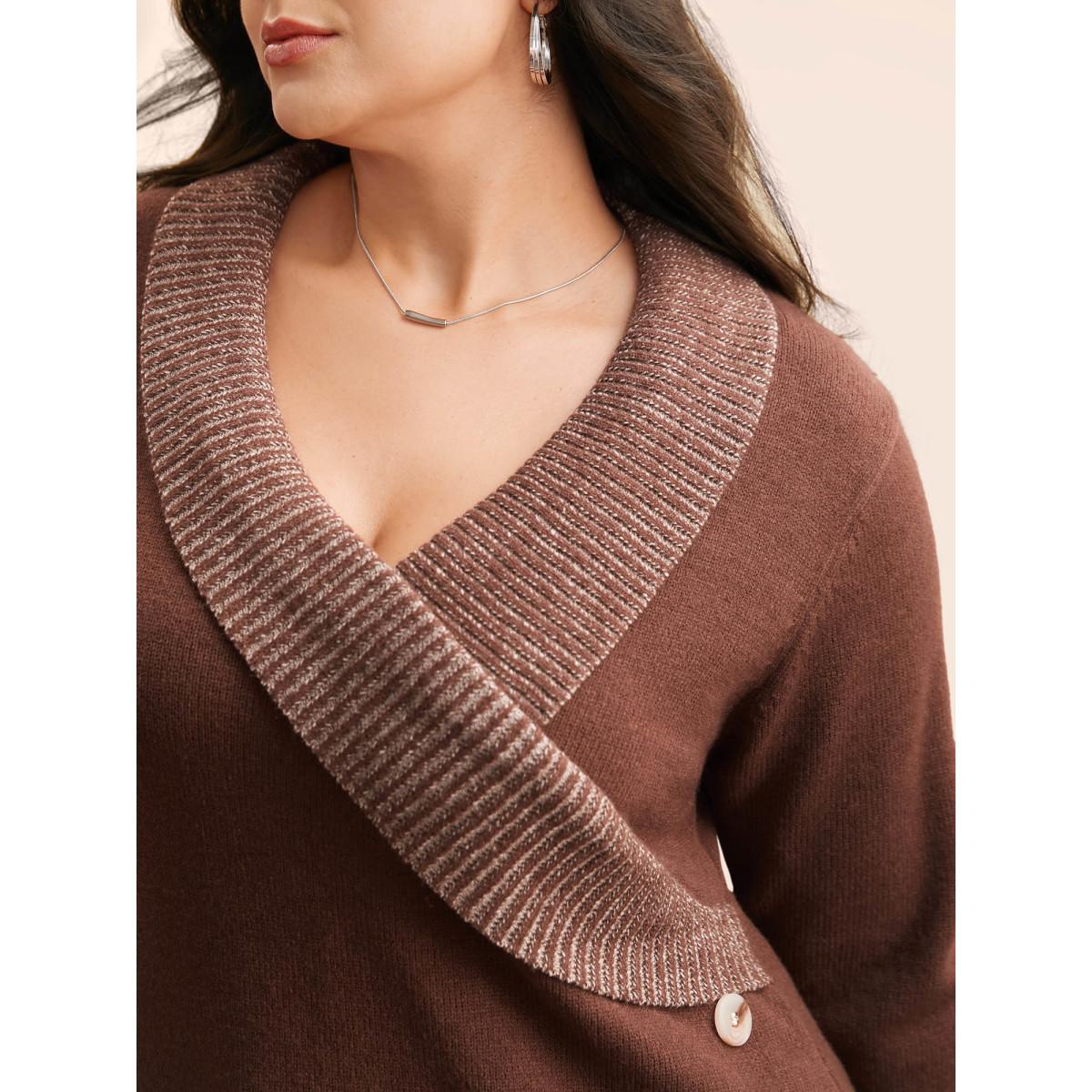 Plus Size Overlap Collar Contrast Button Detail Pullover Rust Women Casual Long Sleeve Overlap Collar Everyday Pullovers BloomChic 14-16/1X Product Image