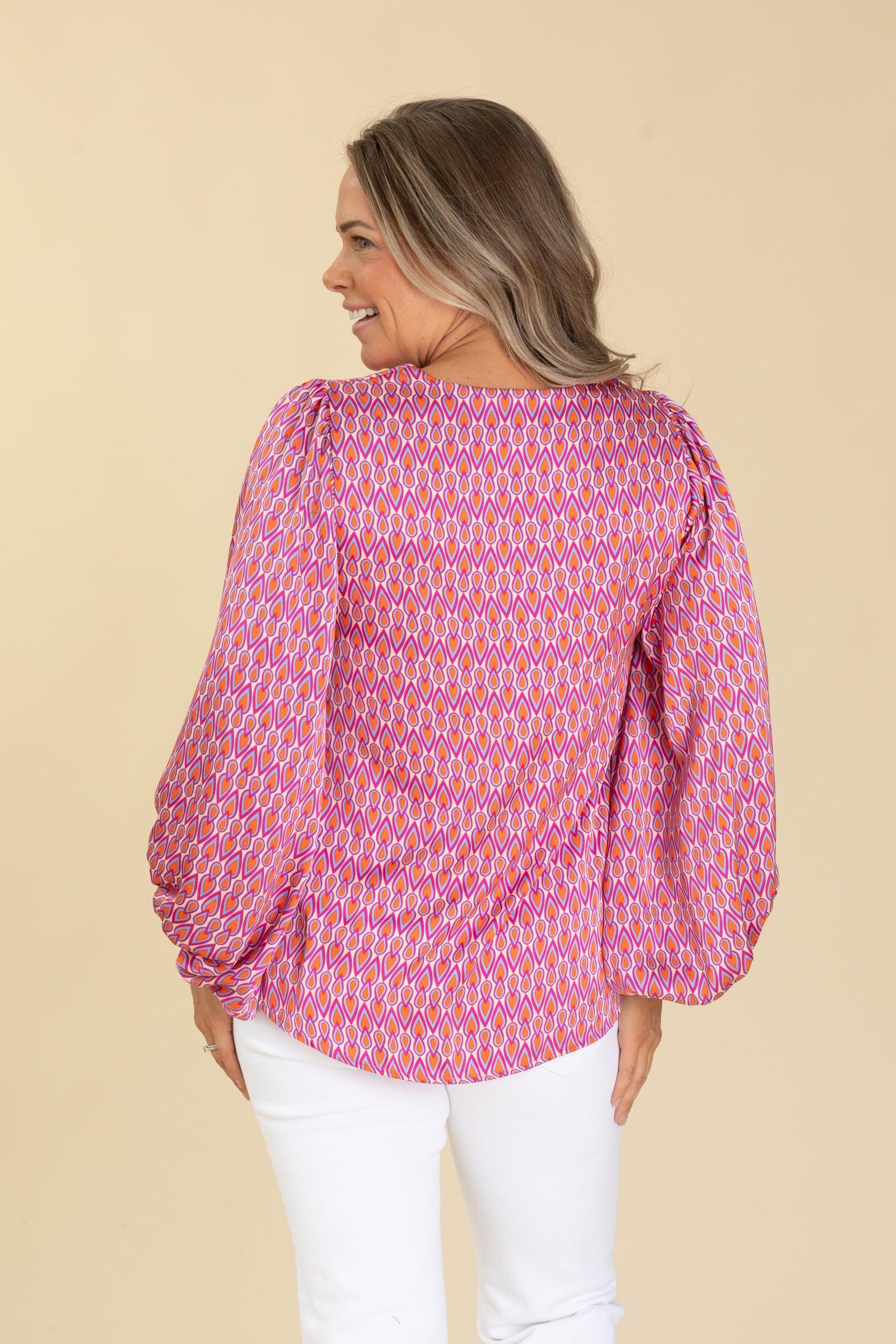 Pink Geometric Print V-Neck Long Sleeve Top Product Image