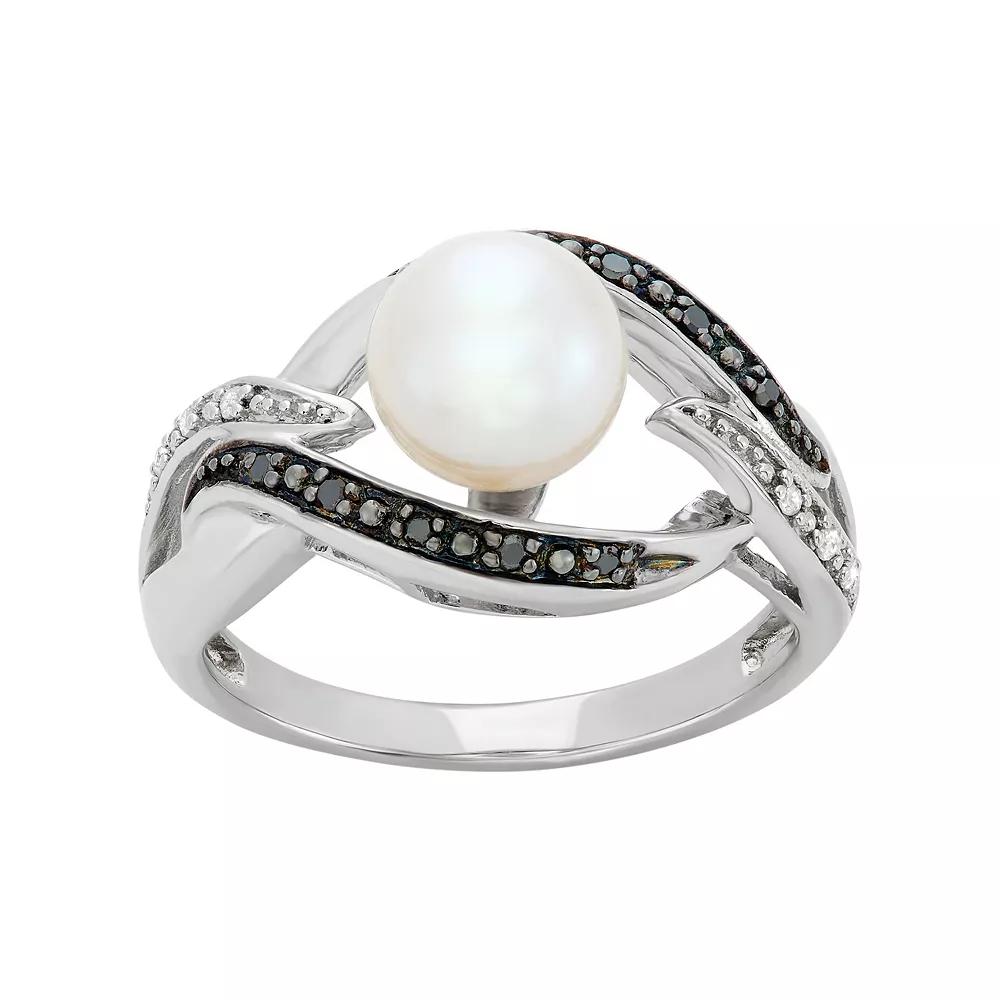 Freshwater Cultured Pearl, and Black and White Diamond Accent Sterling Silver Openwork Ring, Women's,  Product Image