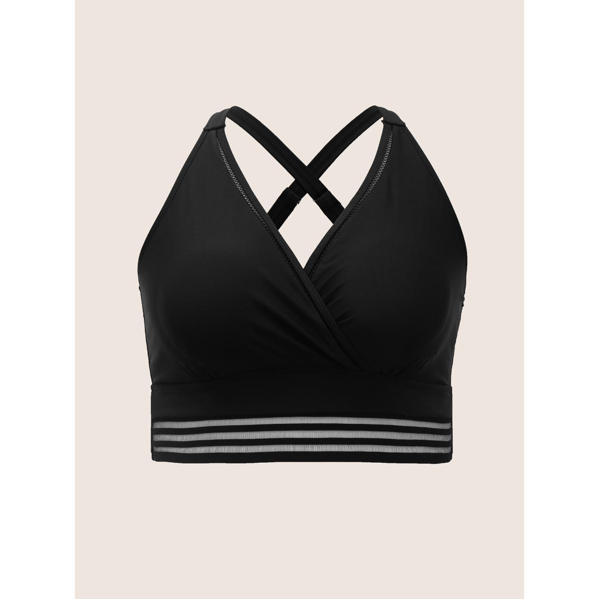 Plus Size Overlap Collar Woven Ribbon Back Crisscross Swim Top Women's Swimwear Black Beach Woven ribbon&lace trim High stretch Skinny Overlap Collar Curve Swim Tops BloomChic 14-16/1X Product Image