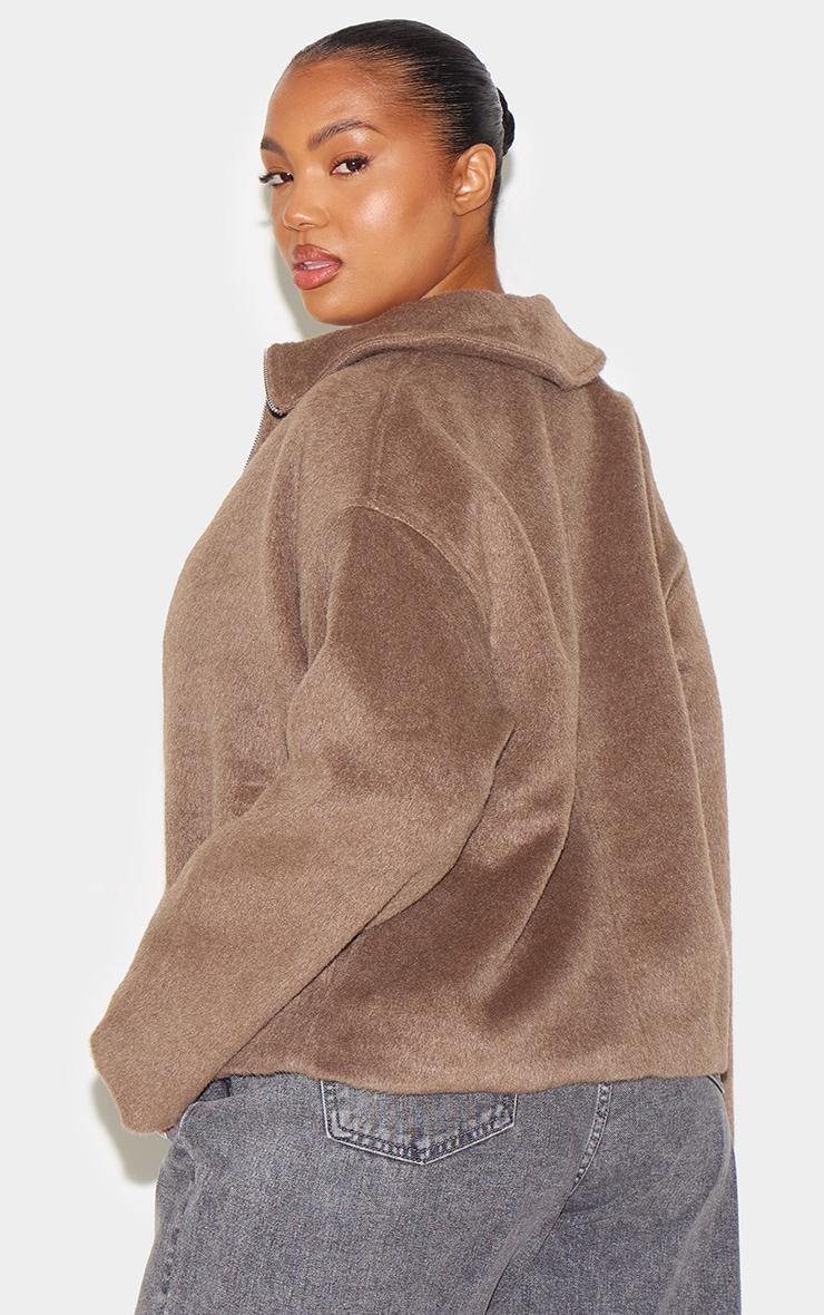 Plus Taupe Wool Look Wide Collar Zip Up Jacket Product Image