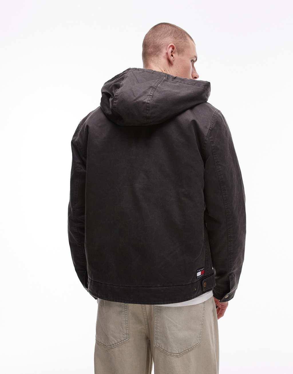 Tommy Jeans hooded denim jacket with teddy lining in black Product Image