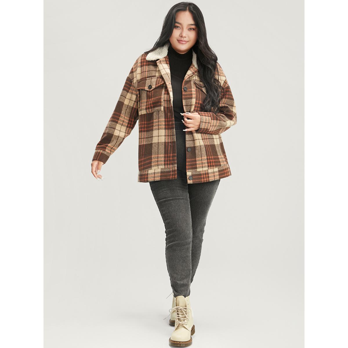 Plus Size Plaid Flap Pocket Button Up Coat Women Chocolate Casual Contrast Ladies Dailywear Winter Coats BloomChic 14-16/1X Product Image