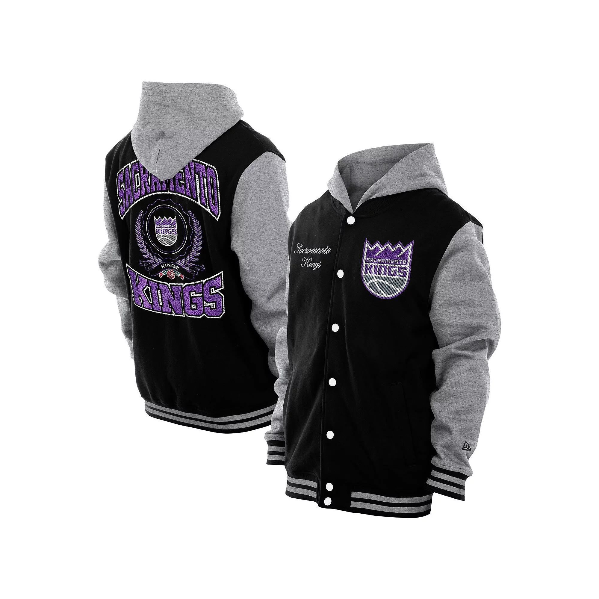 Men's New Era Black Sacramento Kings Throwback Prep Chenille Full-Snap Hooded Varsity Jacket,  Product Image