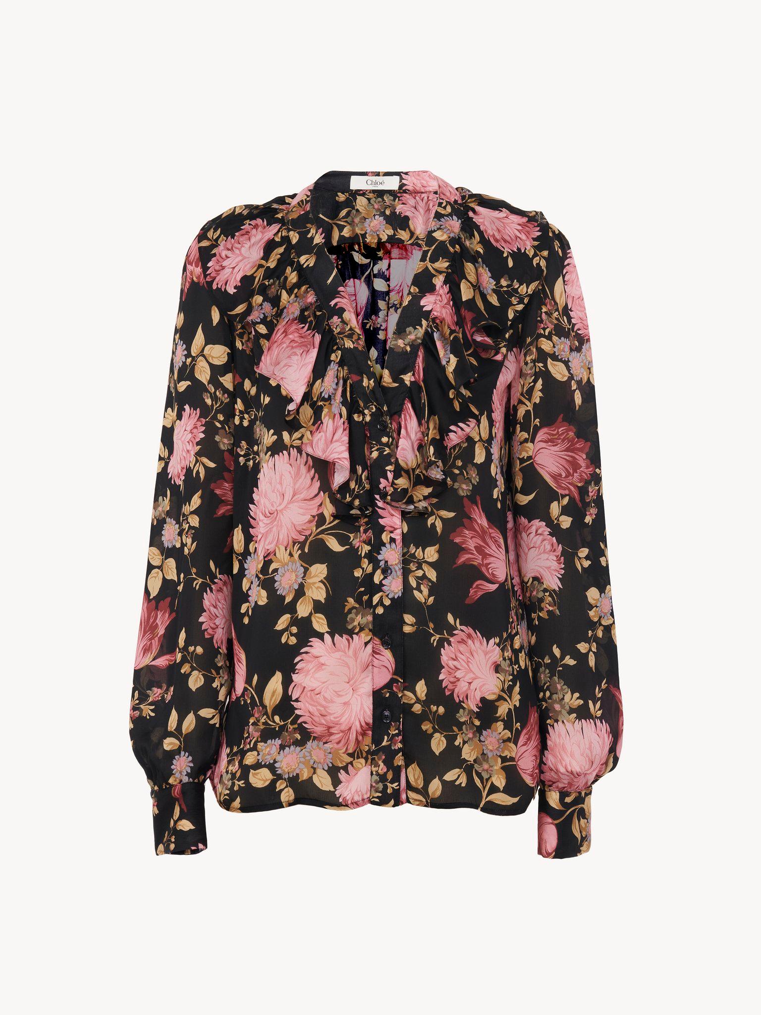 V-neck ruffled blouse in silk charmeuse Product Image