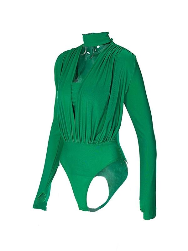 Solid Plunge Neck Splice Thumb Hole Bodysuits Product Image