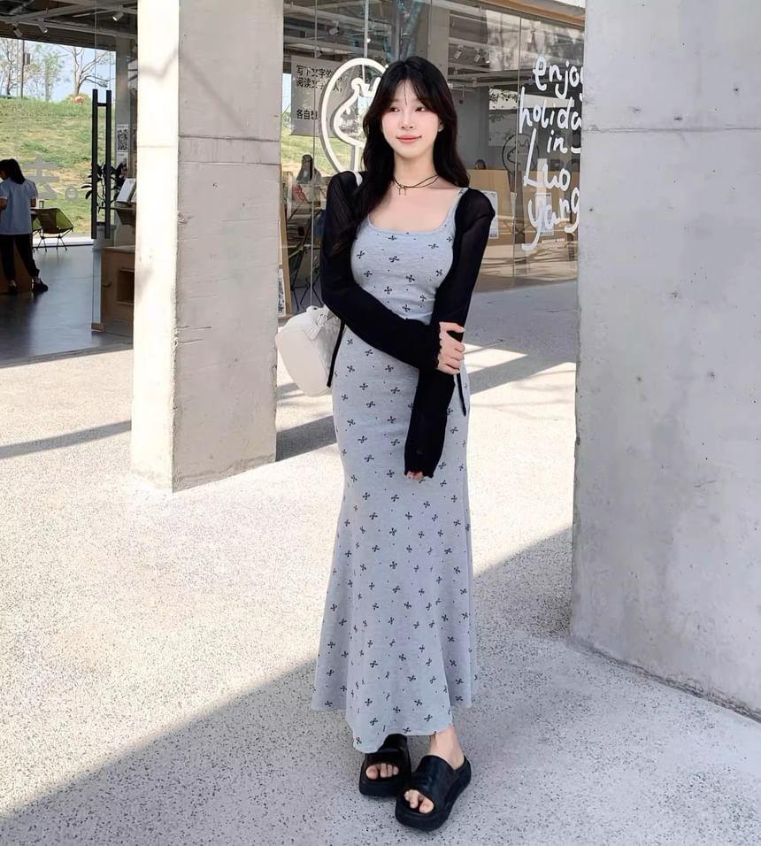 Set: Spaghetti Strap Floral Midi Sheath Dress + Plain Tie Front Bolero Cardigan Product Image