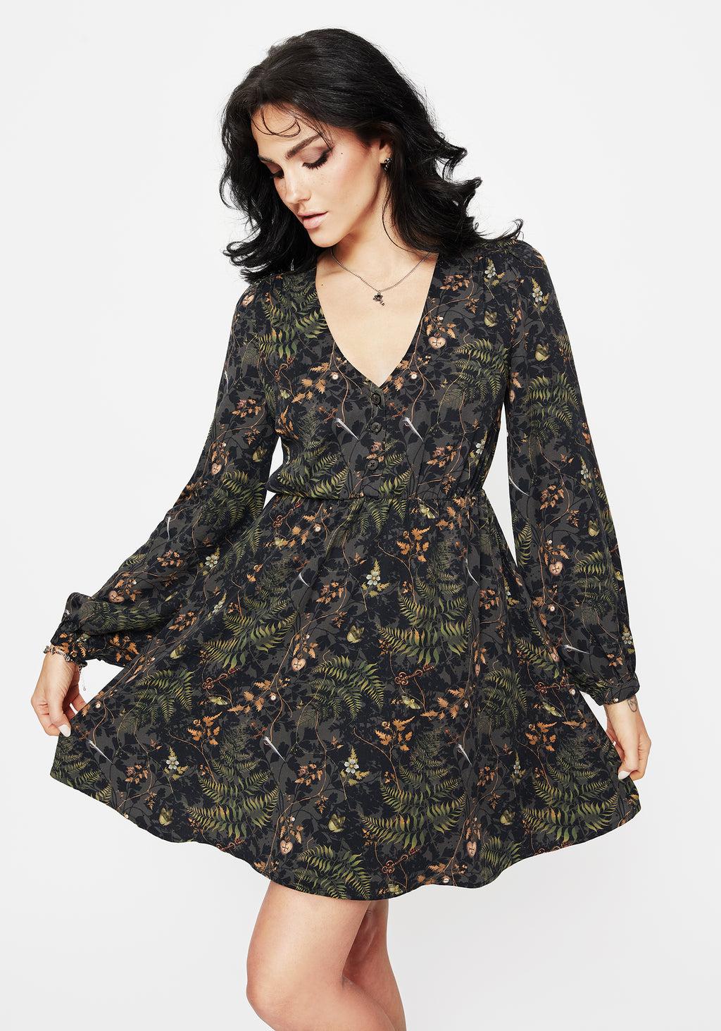 Wither Fern Print Balloon Sleeve Mini Dress Product Image
