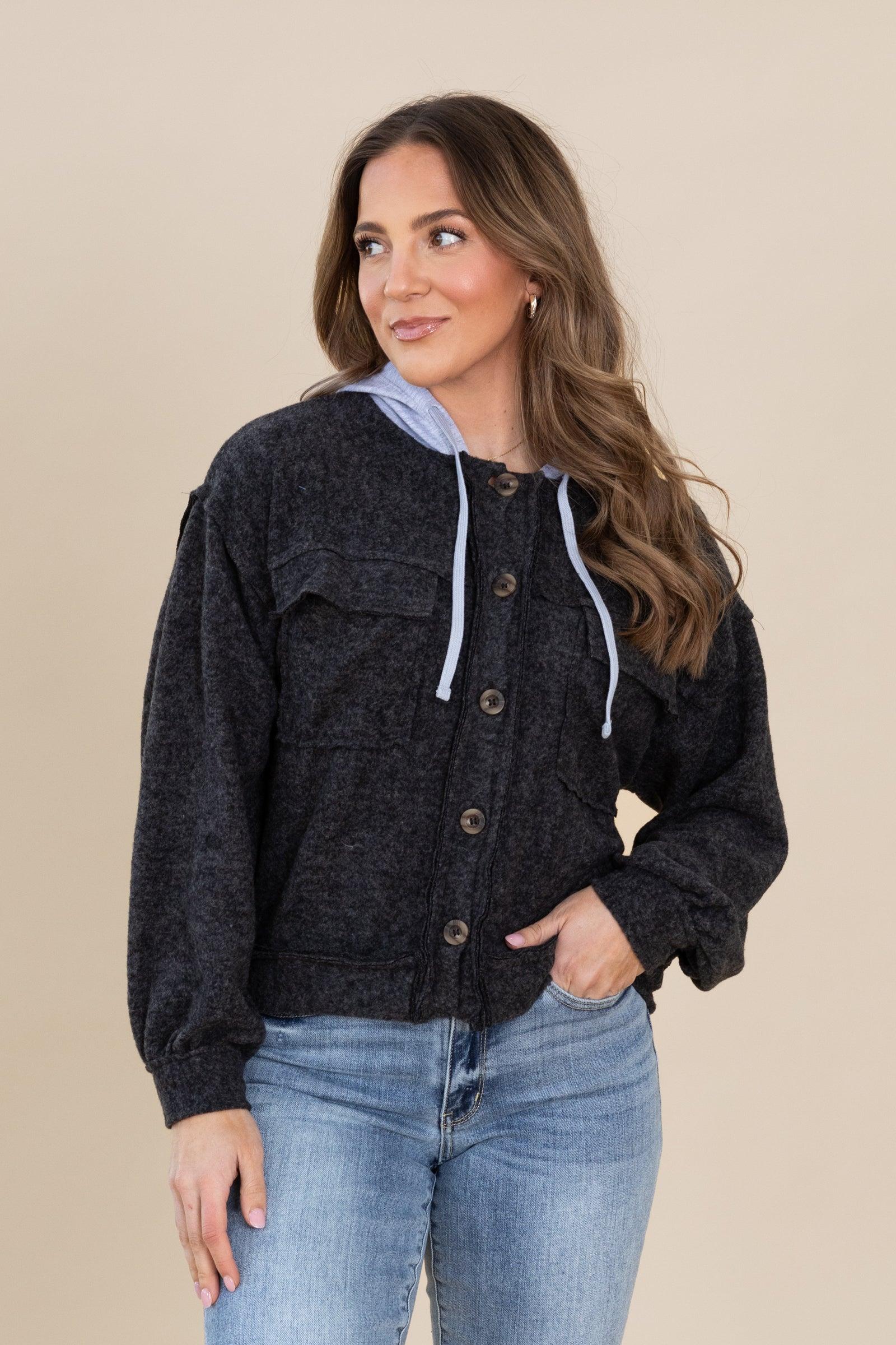 Brushed Hacci Hooded Button Down Shacket Product Image