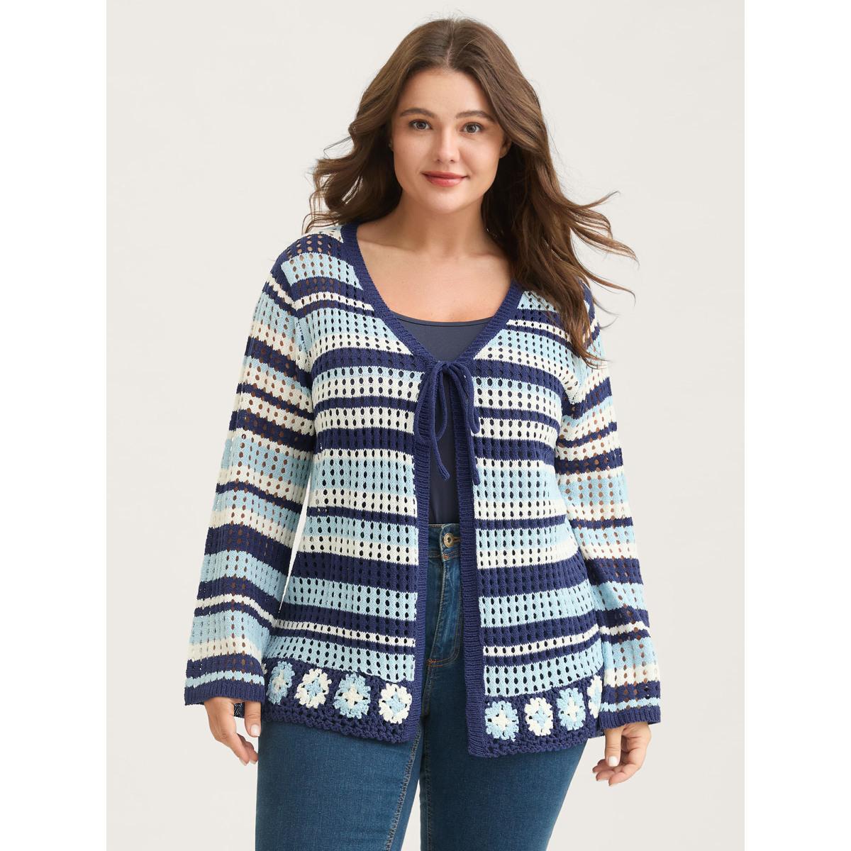 Plus Size Crochet Color Stripes Flared Sleeve Knit Cardigan Indigo Women Loose Long Sleeve Casual Cardigans BloomChic 10/M Product Image