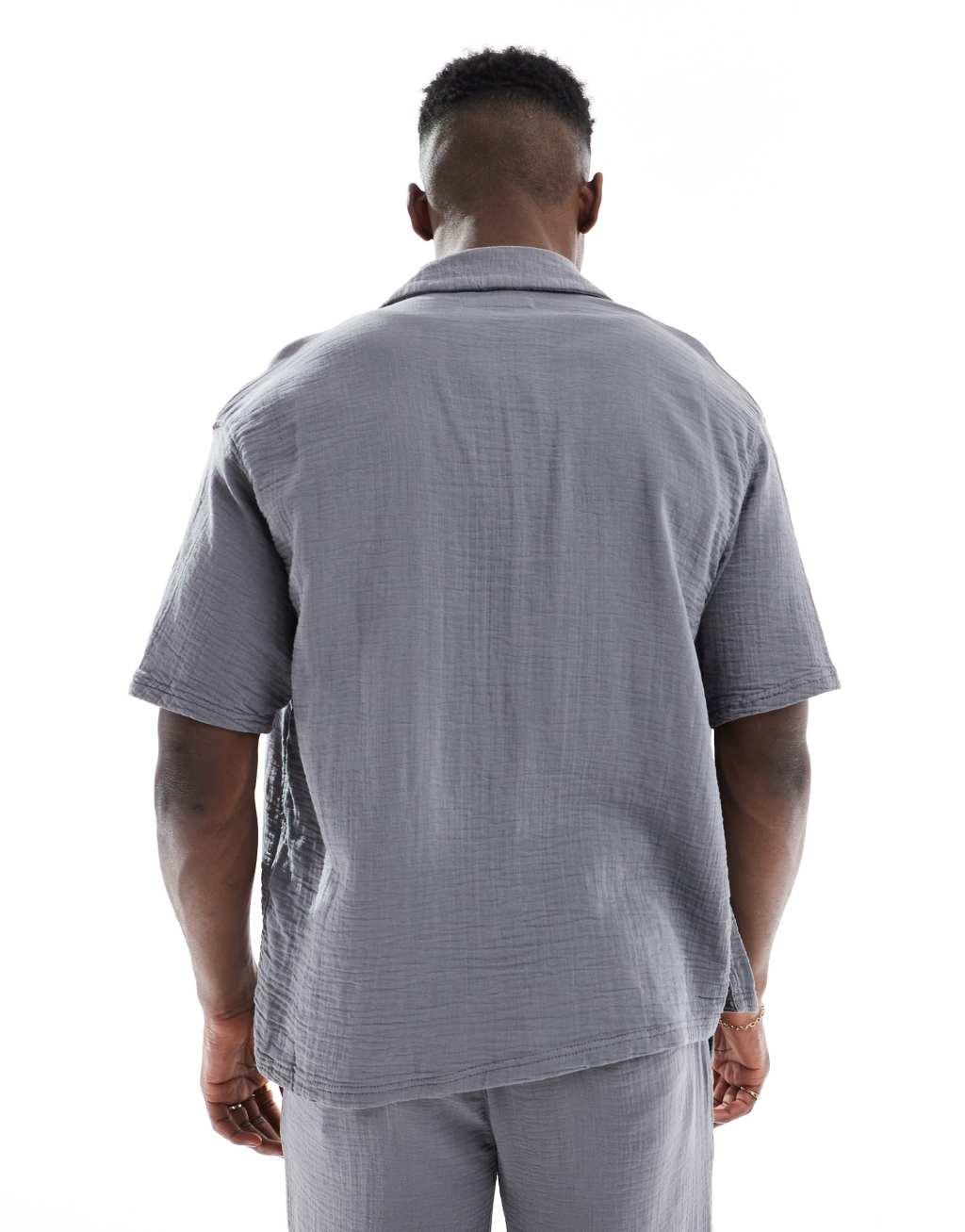 Bershka textured camp collar shirt in gray - part of a set Product Image