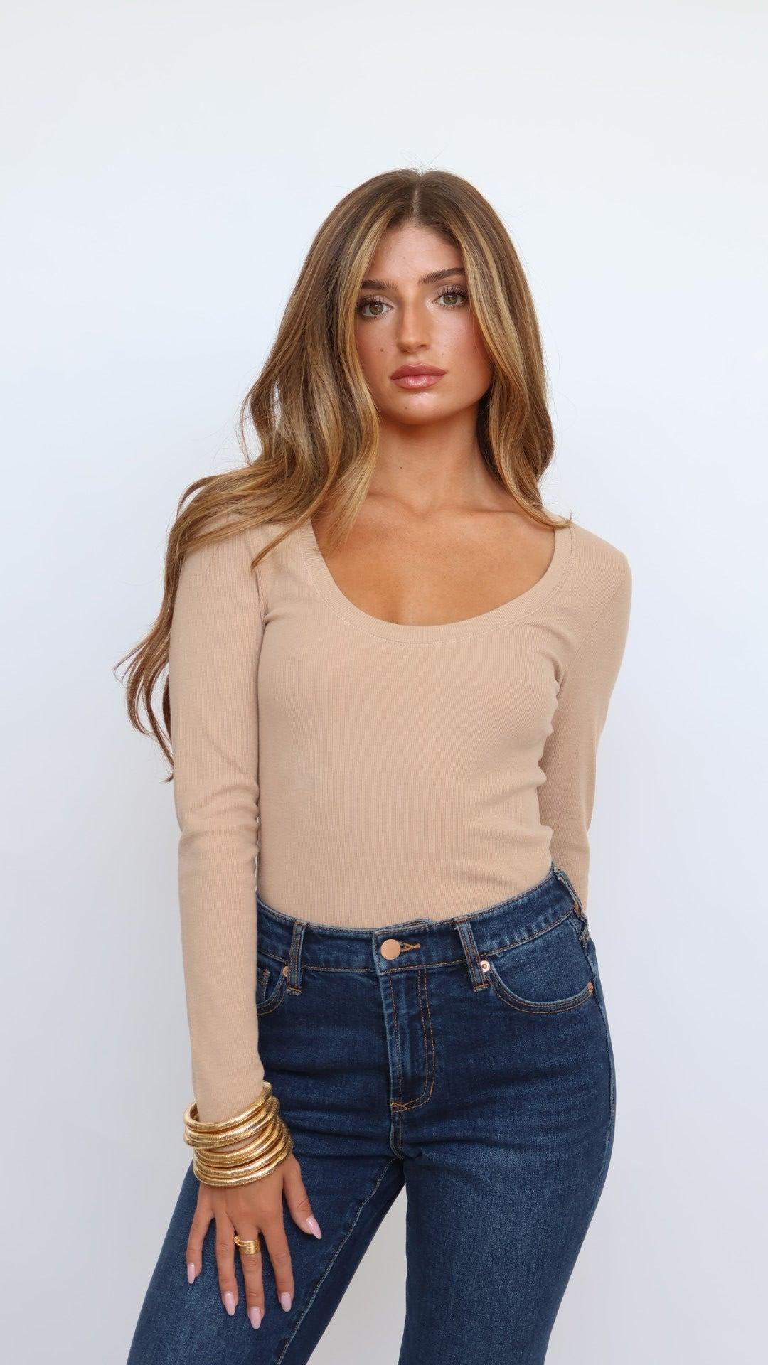 Ribbed Cotton Scoop Neck Long Sleeve Top Product Image