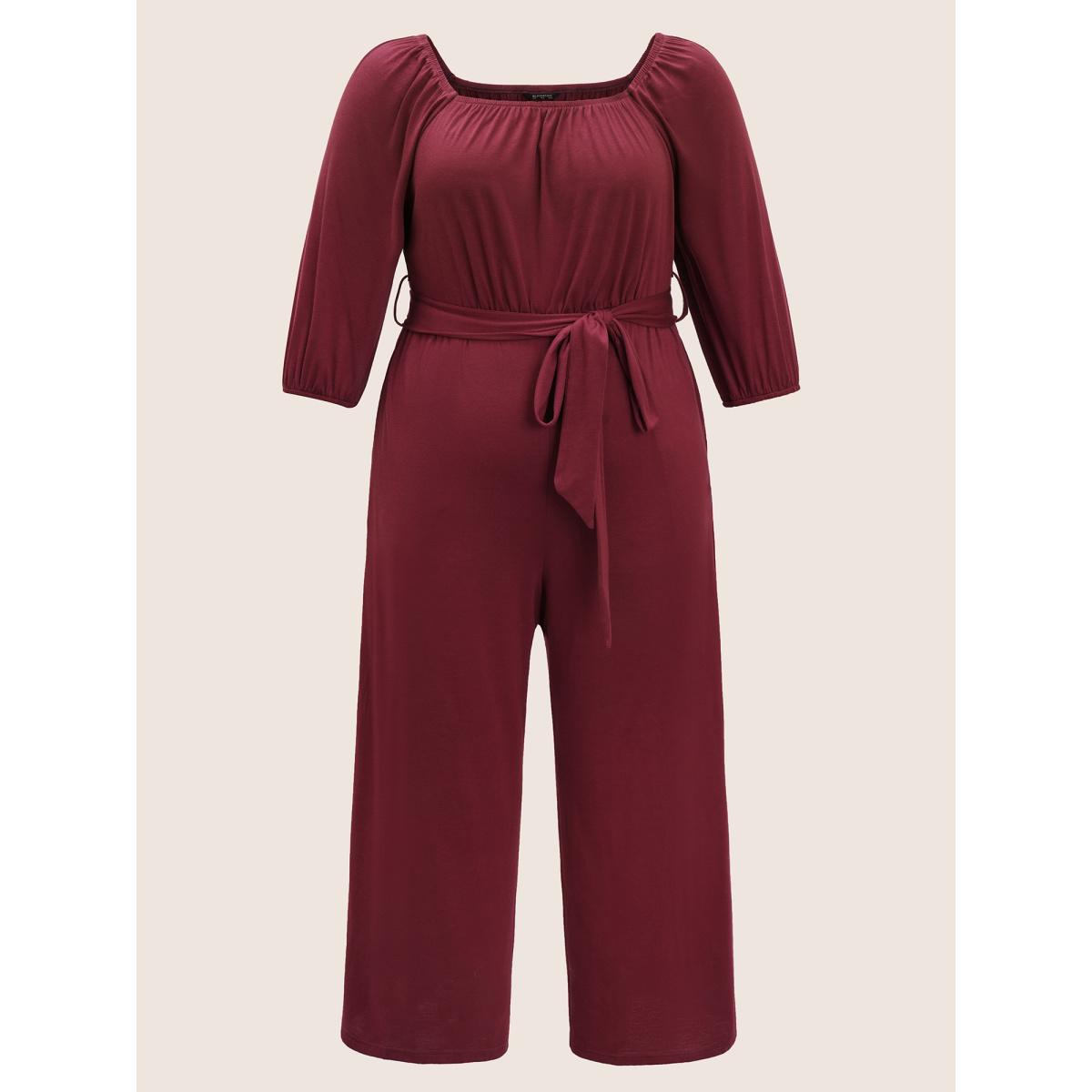 Plus Size Scarlet Supersoft Essentials Plain Belted Gathered Jumpsuit Women Casual Elbow-length sleeve Square Neck Everyday Loose Jumpsuits BloomChic 18-20/2X Product Image