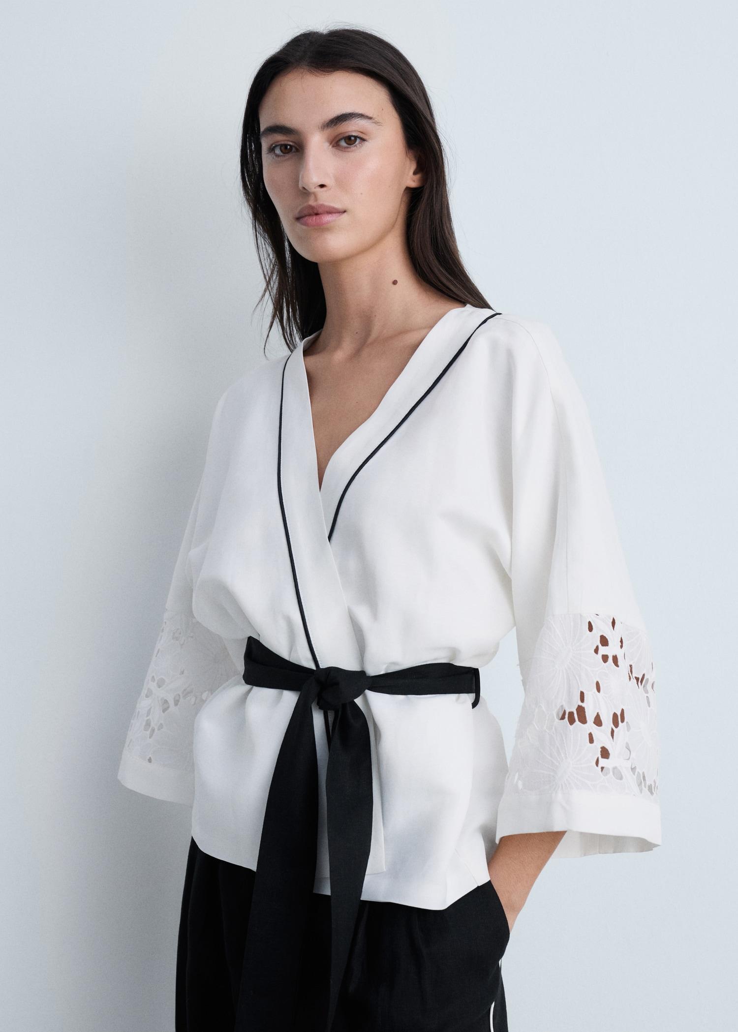 Linen-blend caftan with openwork details - Women | MANGO USA Product Image