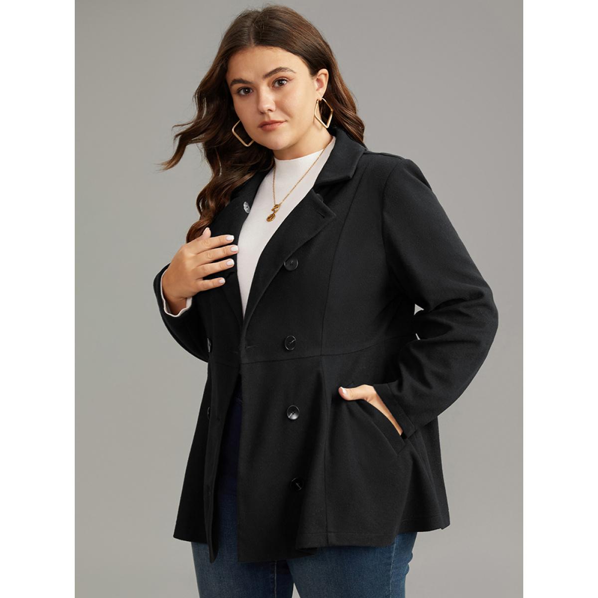 Plus Size Lapel Collar Double Breasted Blazer Black Women Dailywear Plain Plain Sleeve Long Sleeve Lapel Collar 12/L Pocket Casual Blazers BloomChic Product Image