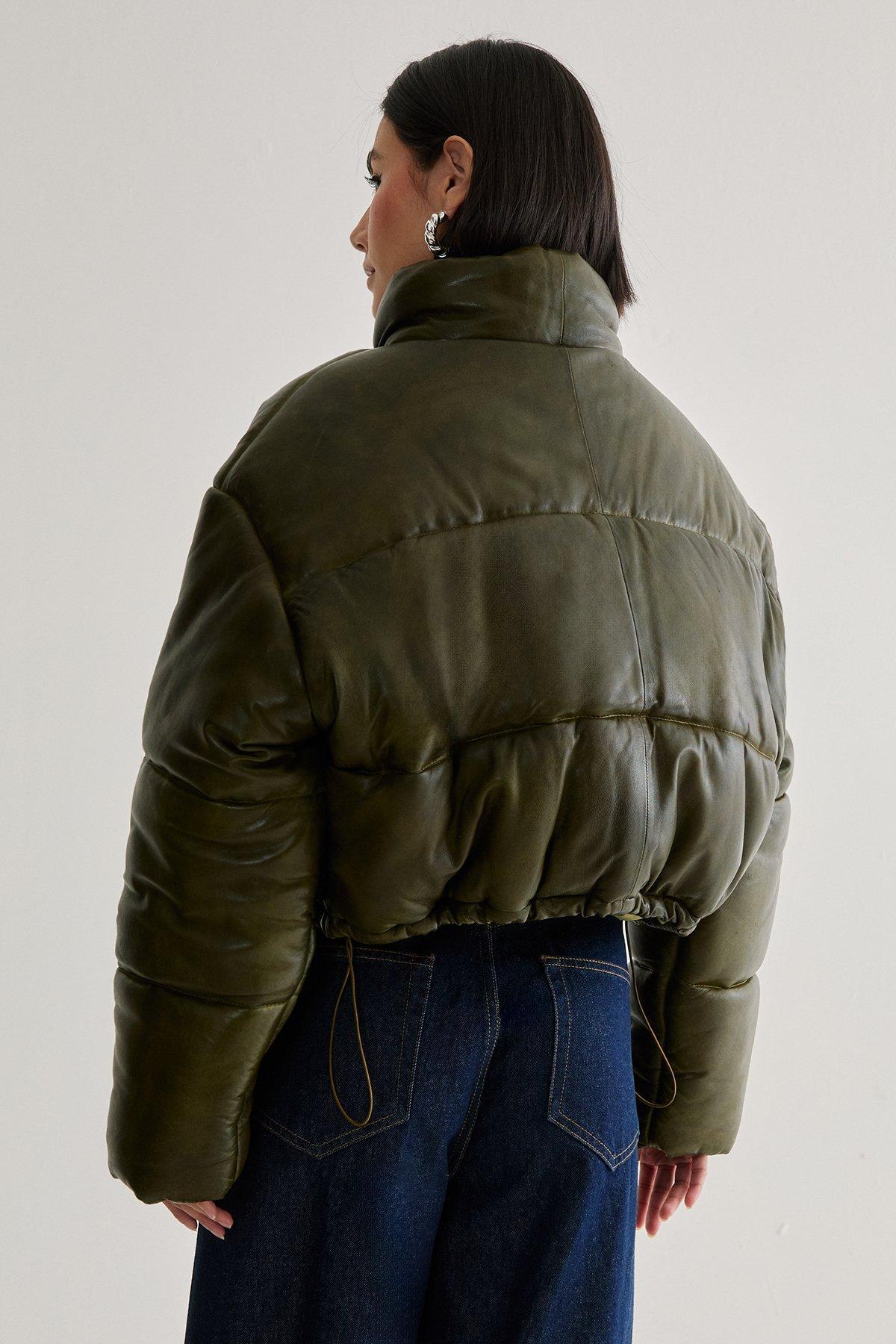 Real Leather Distressed Puffer Coat Product Image