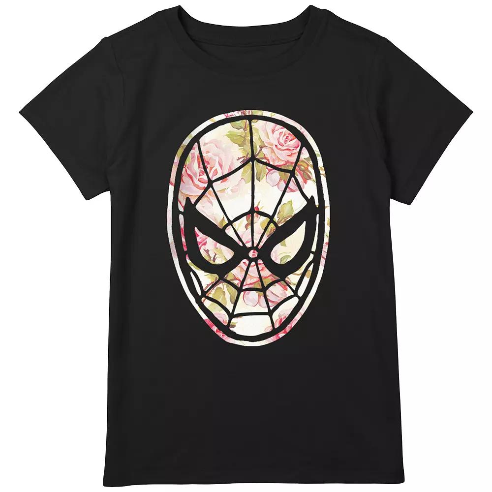 Girls Plus Size Spider-Man Floral Print Mask Graphic Tee, Girl's, Size: Medium PLUS, Black Product Image
