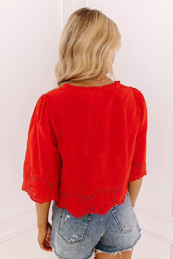 Boho Charm Embroidered Front Tie Top in Red Product Image