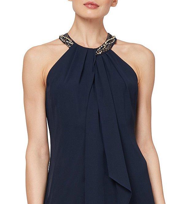 Ignite Evenings Beaded Braid Sleeveless Halter Neck Chiffon Ruffle Front Dress Product Image